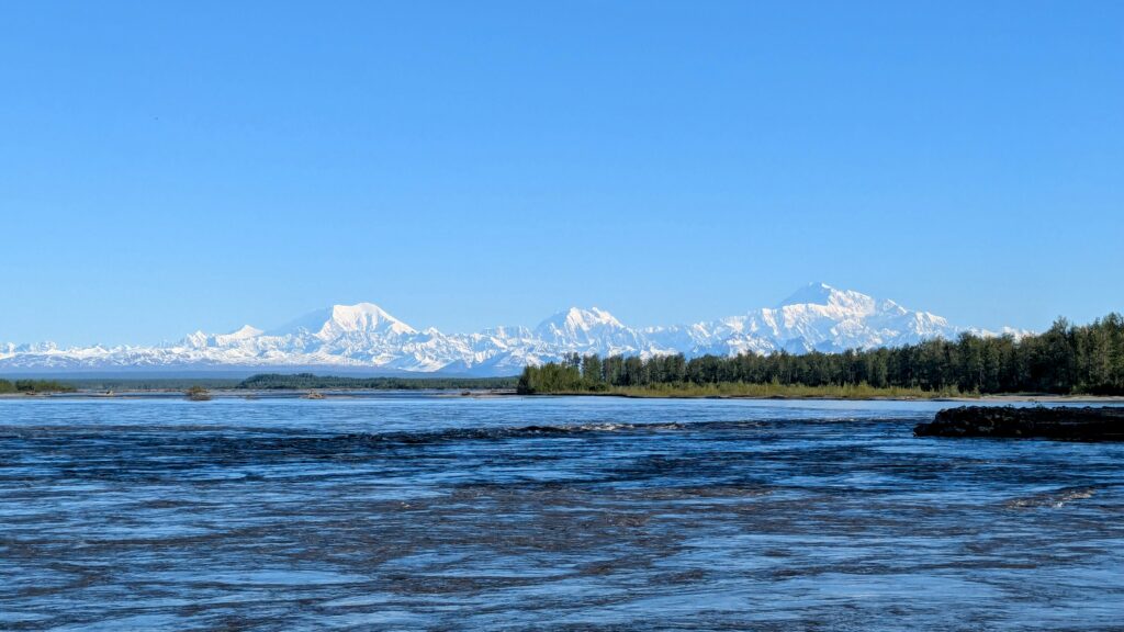 View from Talkeetna; Mts Foraker, Hunter, and Denali from left to right.